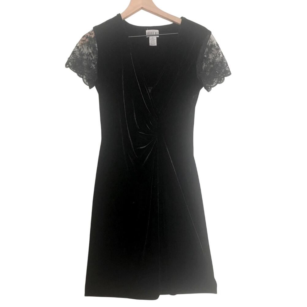 Vintage 90s Robbie Bee Black Velvet Beaded Short Sleeve Cinched Waist Midi Dress